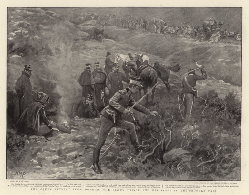 La retirada griega de Domoko, el príncipe heredero y su estado mayor en el paso de Phourka de Henry Marriott Paget