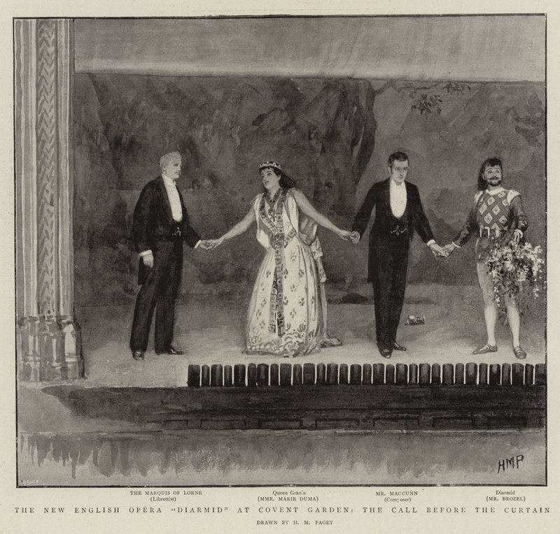 La nueva ópera inglesa Diarmid en Covent Garden, la llamada antes del telón de Henry Marriott Paget