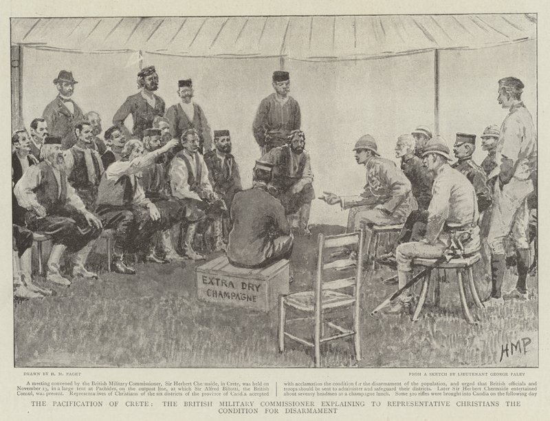 La pacificación de Creta, el Comisionado Militar Británico explicando a los representantes cristianos las condiciones para el desarme de Henry Marriott Paget