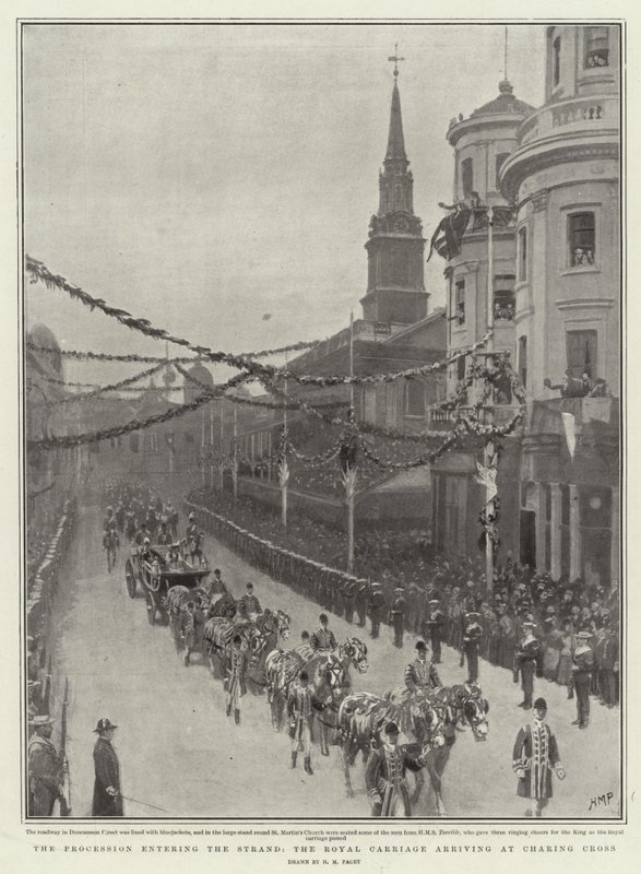 La procesión entrando en el Strand, el carruaje real llegando a Charing Cross de Henry Marriott Paget