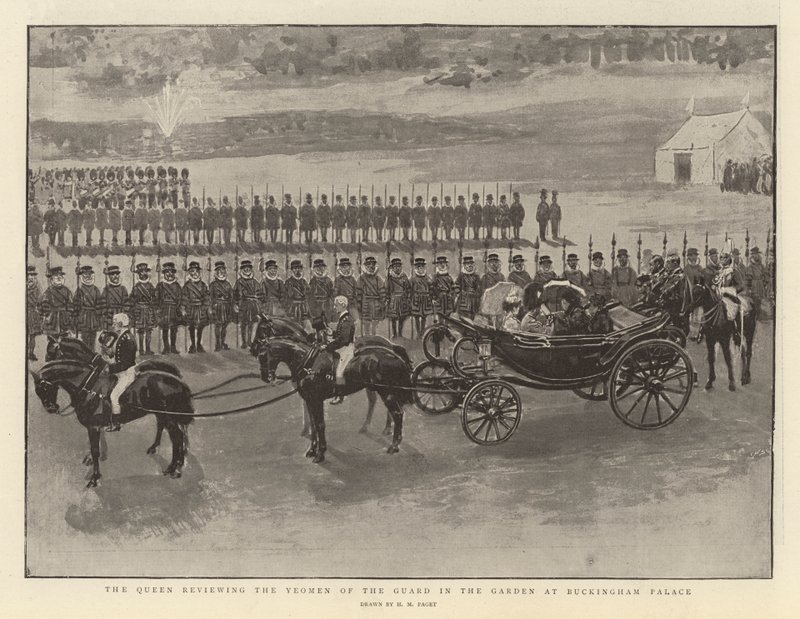 La Reina revisando a los Yeomen de la Guardia en el Jardín del Palacio de Buckingham de Henry Marriott Paget