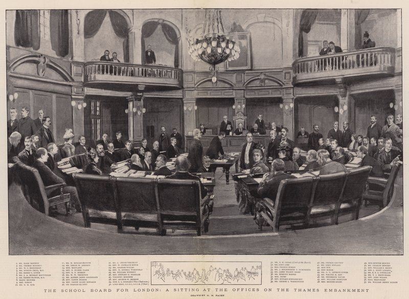 La Junta Escolar de Londres, una sesión en las oficinas del Thames Embankment de Henry Marriott Paget