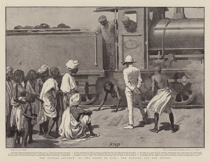 El avance de Sudán, al frente por ferrocarril, los nativos y la locomotora de Henry Marriott Paget