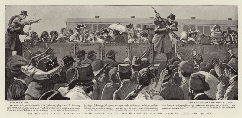 La guerra en el este, una escena en la estación de tren de Larissa, manteniendo a los fugitivos alejados de los trenes de mujeres y niños de Henry Marriott Paget
