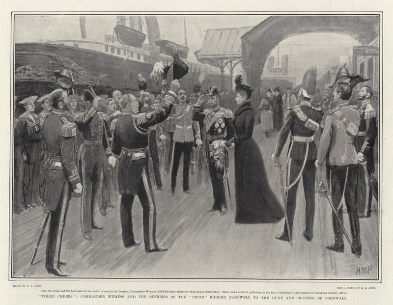 Tres Vivas, el Comandante Wemyss y los Oficiales del Ophir despidiendo al Duque y la Duquesa de Cornwall de Henry Marriott Paget