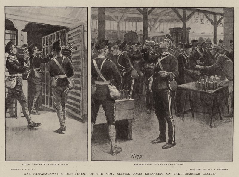 Preparativos de guerra, un destacamento del Cuerpo de Servicio del Ejército embarcando en el Braemar Castle de Henry Marriott Paget