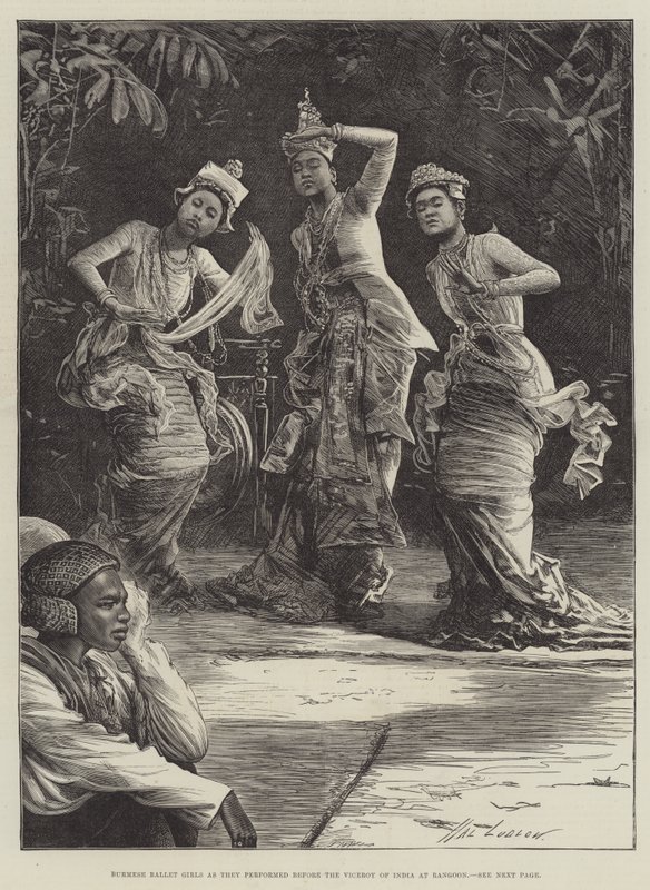 Chicas de ballet birmanas actuando ante el Virrey de la India en Rangún de Henry Stephen Ludlow