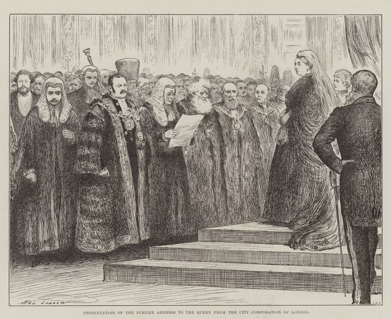 Presentación de la dirección del jubileo a la Reina por la Corporación de la Ciudad de Londres de Henry Stephen Ludlow