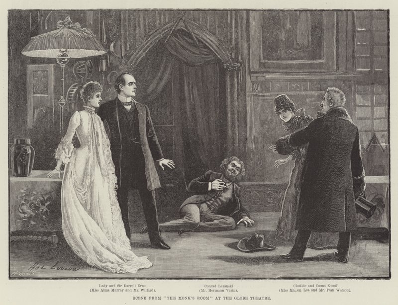 Escena de La Habitación del Monje en el Teatro Globe de Henry Stephen Ludlow