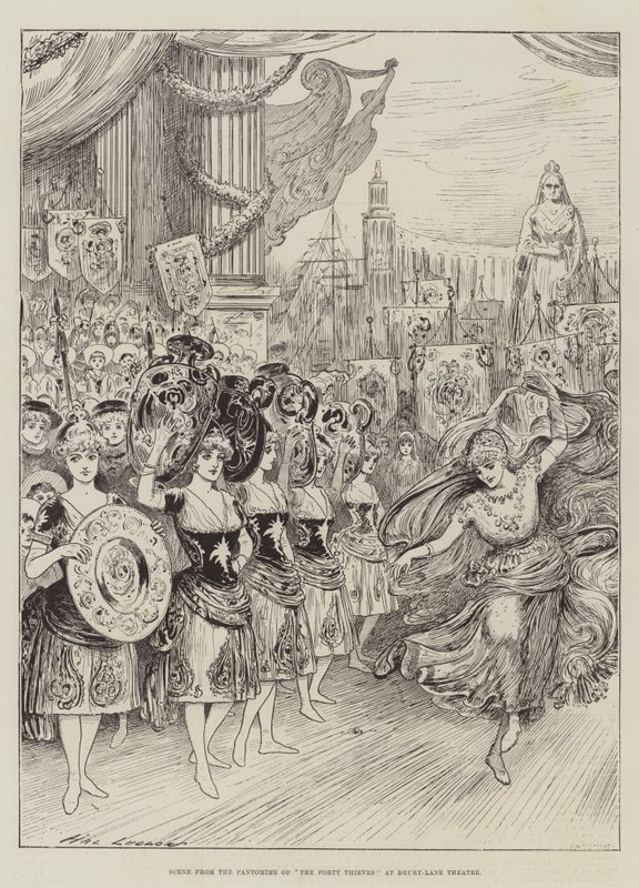 Escena de la pantomima de Los Cuarenta Ladrones en el Teatro Drury-Lane de Henry Stephen Ludlow