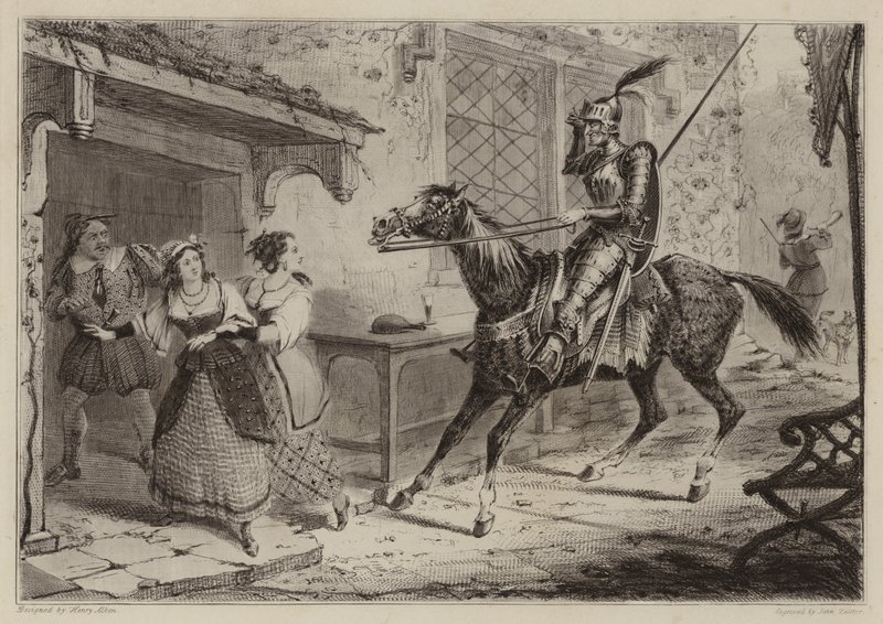 Caballero (Don Quijote) llegando a la posada de Henry Thomas Alken