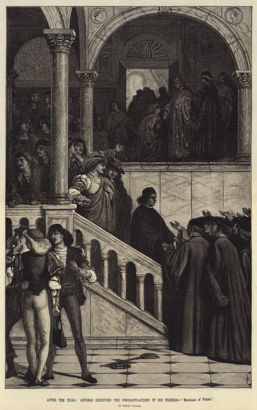 Después del juicio, Antonio recibiendo las felicitaciones de sus amigos, El Mercader de Venecia de Henry Wallis