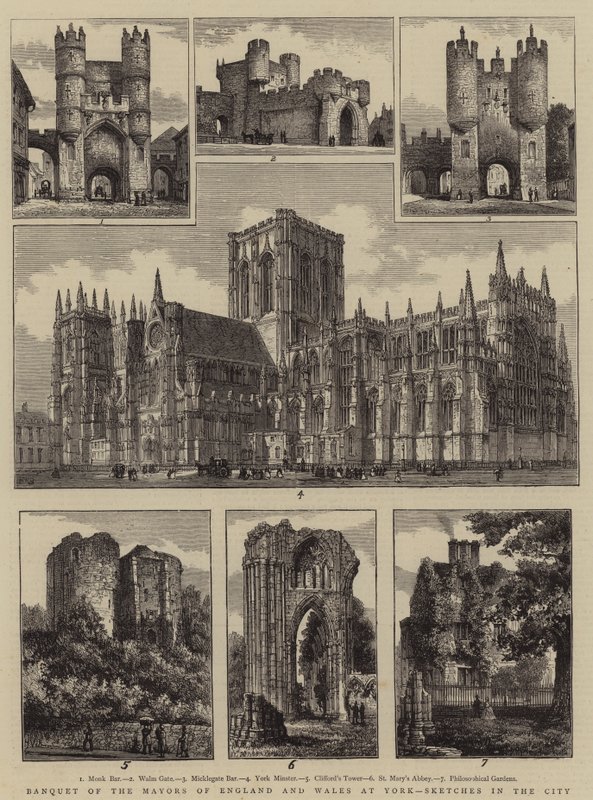Banquete de los alcaldes de Inglaterra y Gales en York, bocetos en la ciudad de Henry William Brewer
