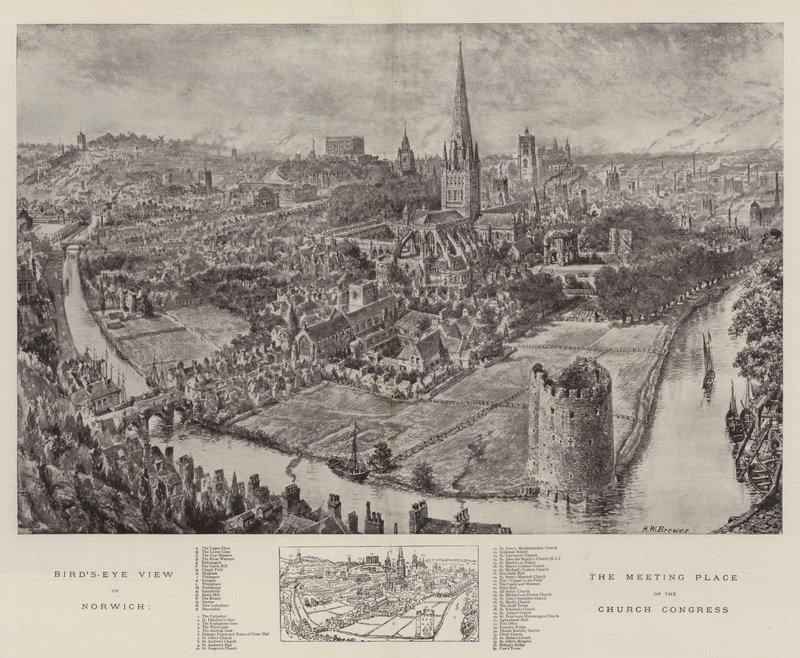 Vista aérea de Norwich, el lugar de reunión del Congreso de la Iglesia de Henry William Brewer