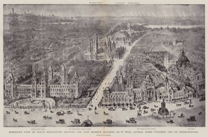Vista Aérea de South Kensington mostrando el Nuevo Edificio del Museo como aparecerá cuando esté terminado y sus alrededores de Henry William Brewer