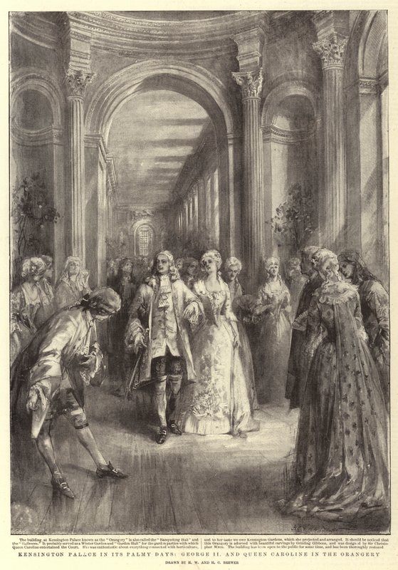 El Palacio de Kensington en sus días de esplendor, Jorge II y la Reina Carolina en el invernadero de Henry William Brewer