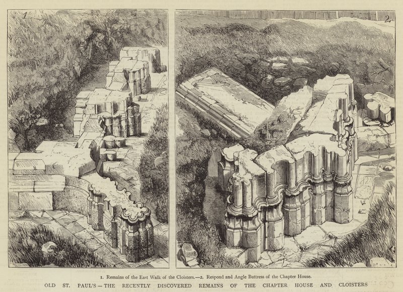 Vieja Catedral de San Pablo, los restos recientemente descubiertos de la Sala Capitular y los Claustros de Henry William Brewer