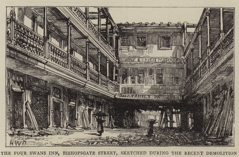 The Four Swans Inn, Bishopsgate Street, esbozado durante la reciente demolición de Henry William Brewer