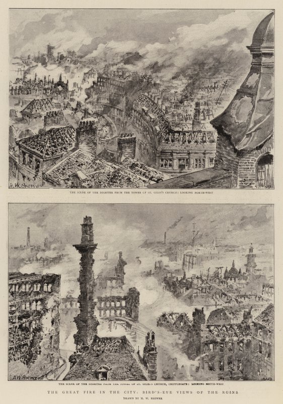 El gran incendio en la ciudad, vistas aéreas de las ruinas de Henry William Brewer