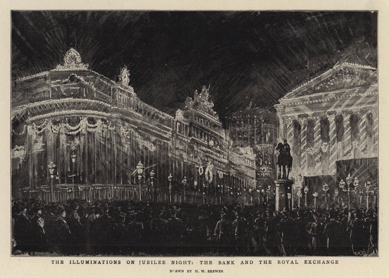 Las iluminaciones en la noche del Jubileo, el Banco y el Intercambio Real de Henry William Brewer
