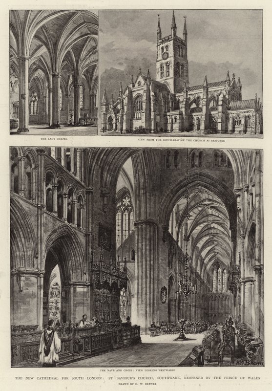 La Nueva Catedral para el Sur de Londres, Iglesia de St Saviour, Southwark, reabierta por el Príncipe de Gales de Henry William Brewer
