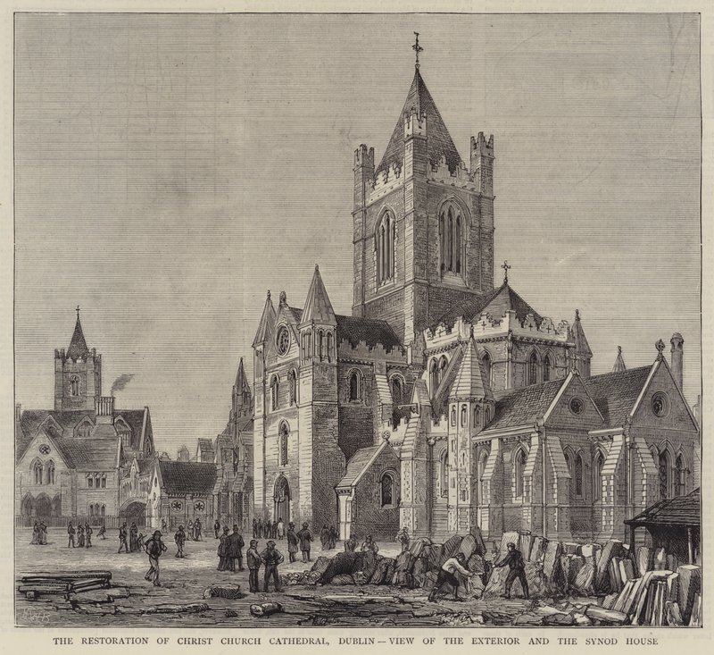 La restauración de la Catedral de Christ Church, Dublín, vista del exterior y la Casa del Sínodo de Henry William Brewer