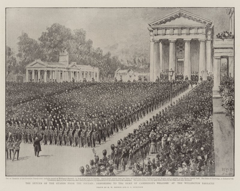 El regreso de los guardias del Sudán, respondiendo a la bienvenida del Duque de Cambridge en los cuarteles de Wellington de Henry William Brewer