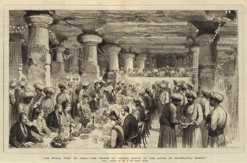 La visita real a la India, el Príncipe de Gales cenando en las Cuevas de Elefanta, Bombay de Henry William Brewer