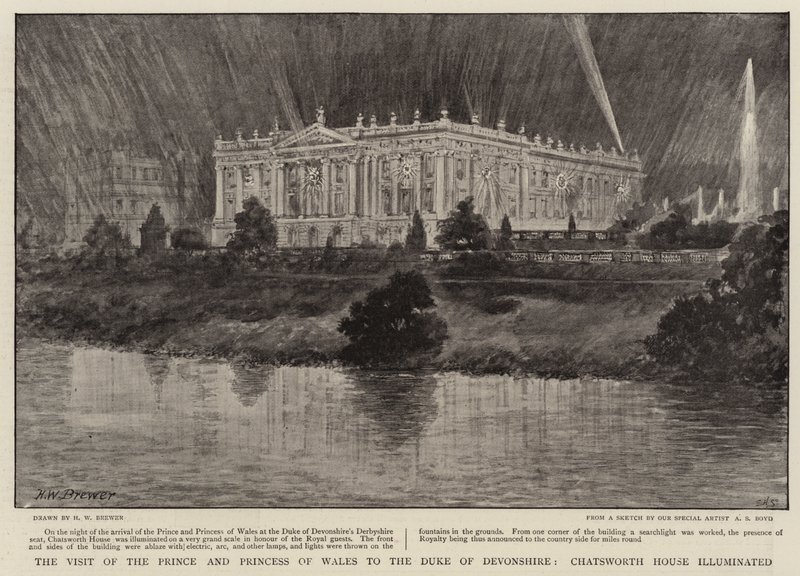La visita del Príncipe y la Princesa de Gales al Duque de Devonshire, Casa Chatsworth iluminada de Henry William Brewer