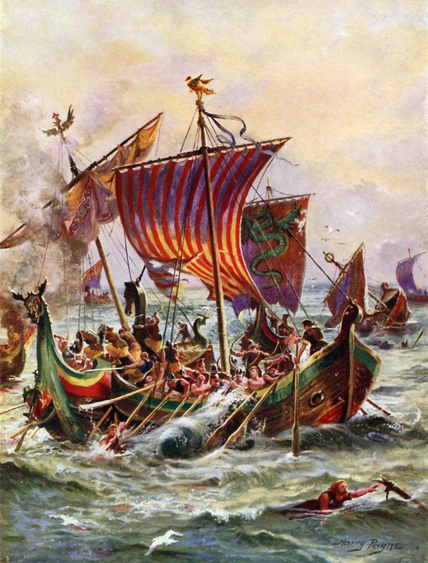 Las galeras del rey Alfredo atacando los barcos dragón vikingos, 897 (litografía en color) de Henry Payne