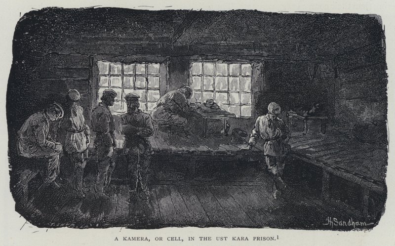 Una Kamera, o Celda, en la Prisión de Ust Kara (litografía) de Henry (after) Sandham