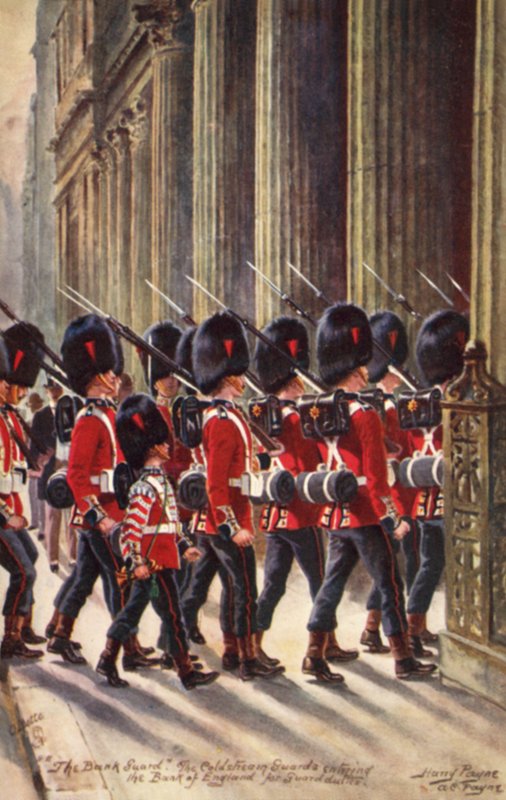 Guardias de Coldstream entrando al Banco de Inglaterra para el servicio de guardia de Henry A. Payne