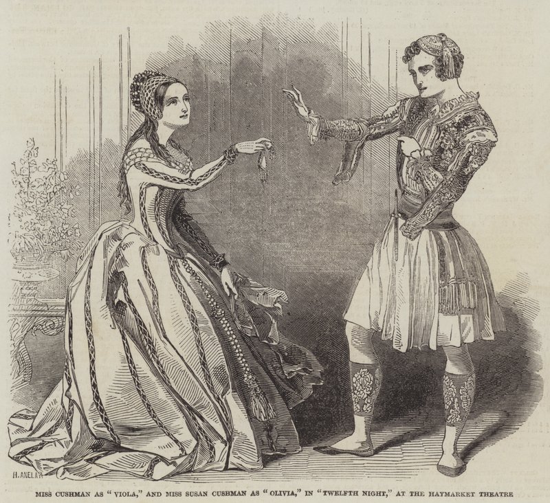 Miss Cushman como Viola, y Miss Susan Cushman como Olivia, en Noche de Reyes, en el Teatro Haymarket de Henry Anelay
