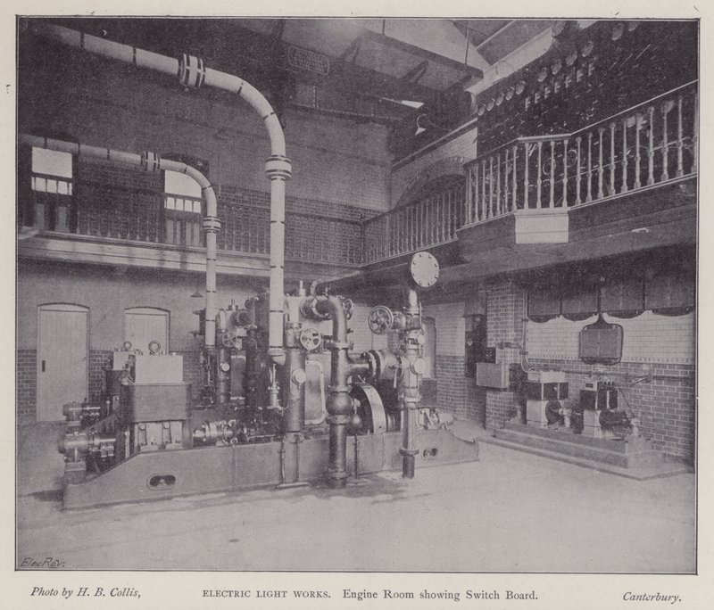 Sala de máquinas mostrando el tablero de control, Electric Light Works, Canterbury, Kent de Henry Beauchamp Collis