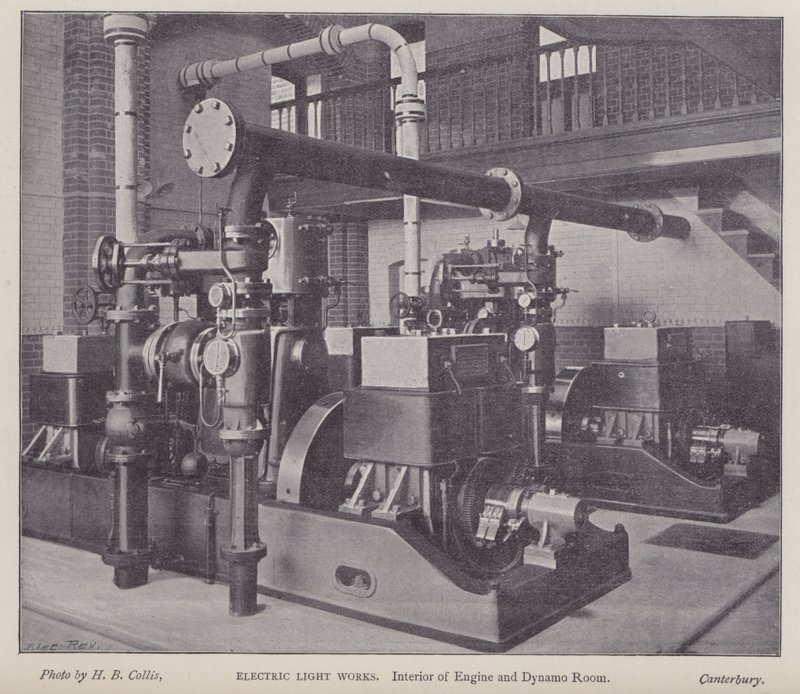 Interior de la sala de motores y dinamos, Electric Light Works, Canterbury, Kent (foto en b/n) de Henry Beauchamp Collis