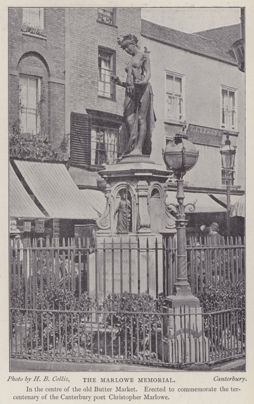 Memorial al dramaturgo y poeta Christopher Marlowe, Buttermarket, Canterbury, Kent de Henry Beauchamp Collis