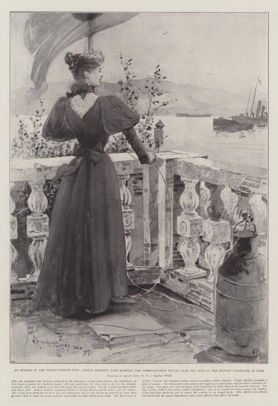 Un episodio en la guerra greco-turca, la esposa del cónsul Merlin izando la señal de comunicación desde el techo del consulado británico en Volo de Henry Charles Seppings Wright