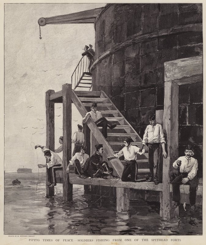 Soldados británicos pescando desde uno de los fuertes en Spithead, Hampshire de Henry Charles Seppings Wright