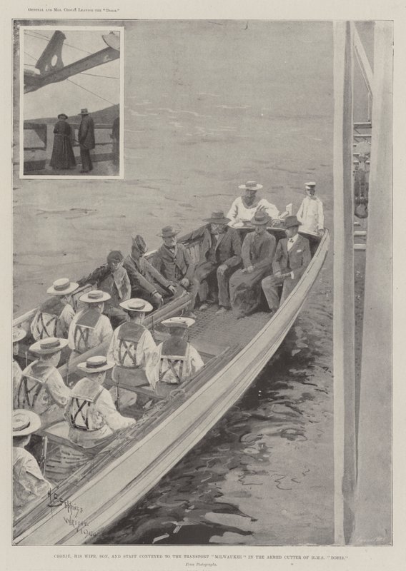 Cronje, su esposa, hijo y personal trasladados al transporte Milwaukee en el cortador armado del HMS Doris de Henry Charles Seppings Wright
