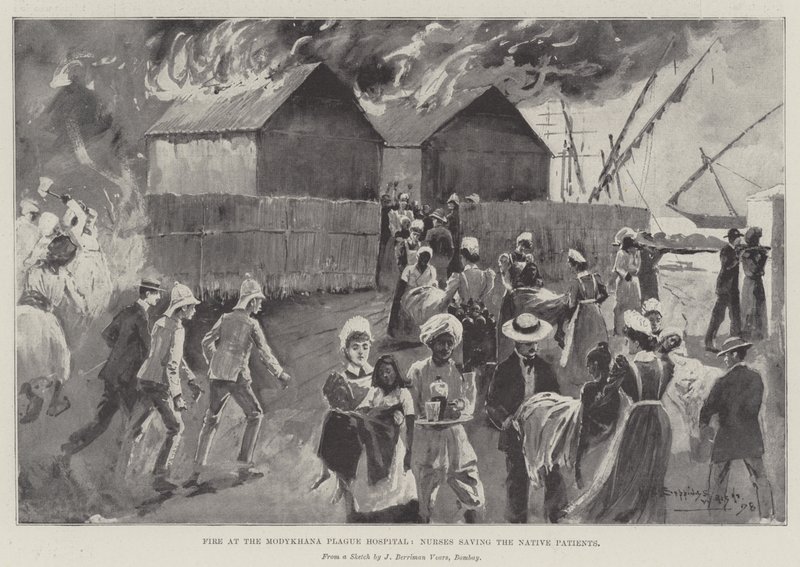 Incendio en el hospital de peste de Modykhana, enfermeras salvando a los pacientes nativos de Henry Charles Seppings Wright