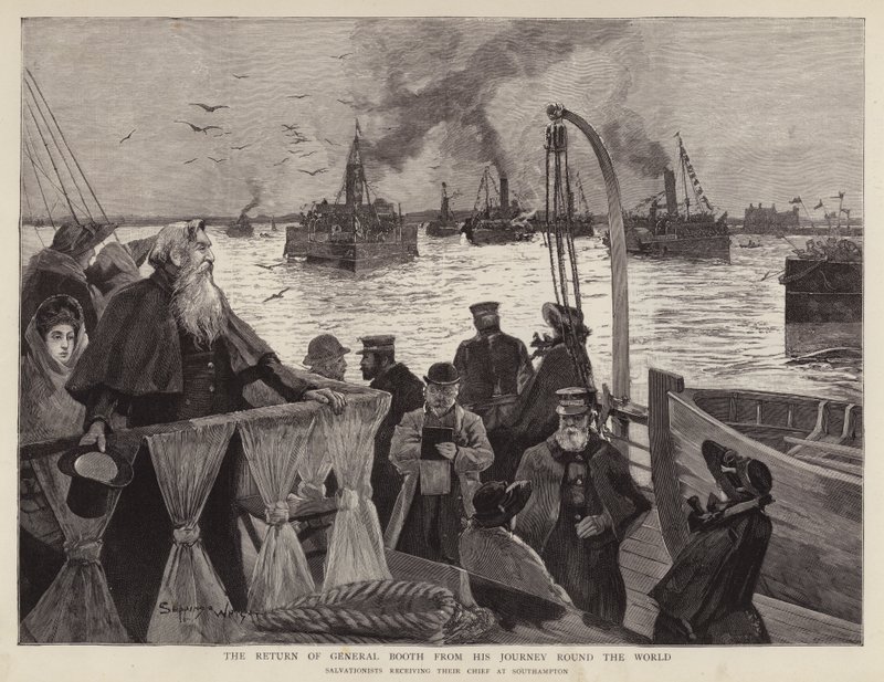 General William Booth, fundador británico del Ejército de Salvación, llegando de regreso a Southampton después de su gira mundial de Henry Charles Seppings Wright