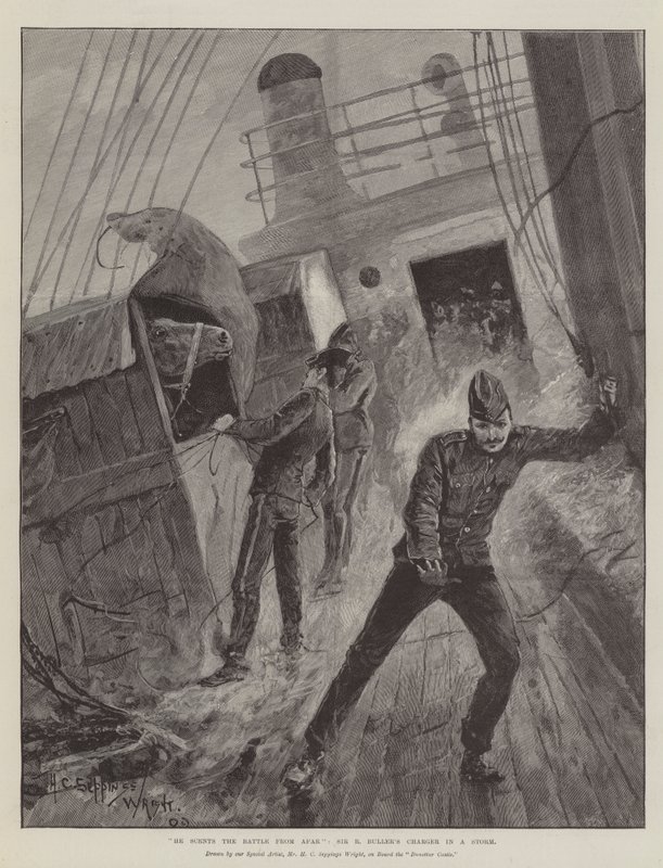 Él huele la batalla desde lejos, el caballo de Sir R Buller en una tormenta de Henry Charles Seppings Wright