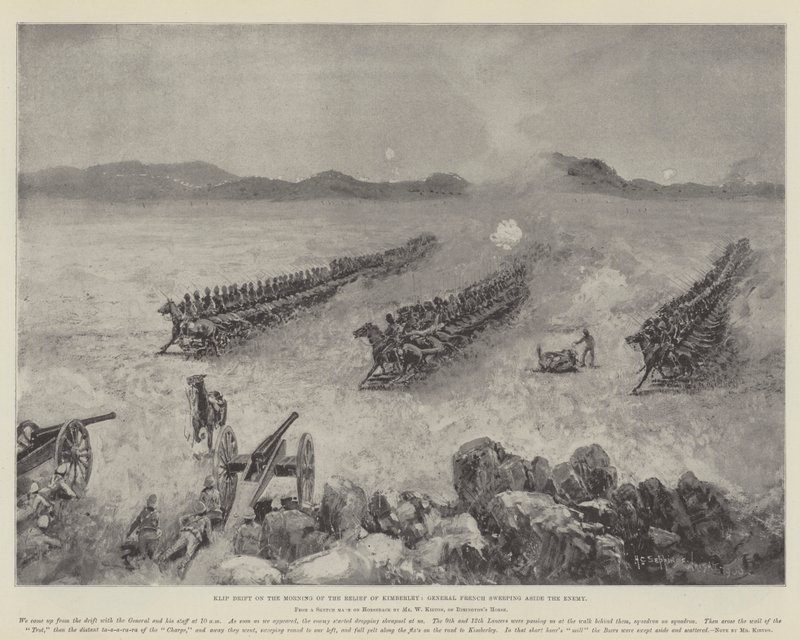 Klip Drift en la mañana del alivio de Kimberley, el General French barriendo al enemigo de Henry Charles Seppings Wright