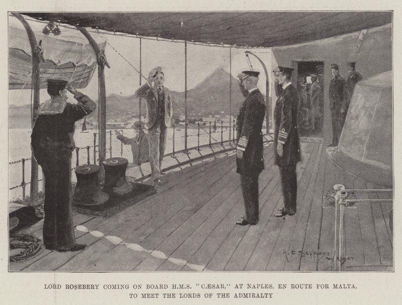 Lord Rosebery abordando el HMS Caesar, en Nápoles, rumbo a Malta, para reunirse con los Lores del Almirantazgo de Henry Charles Seppings Wright