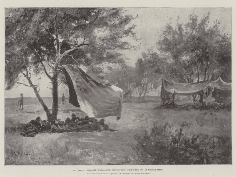 Puestos avanzados de los Highlanders de Seaforth acampando durante el día en el río Modder de Henry Charles Seppings Wright