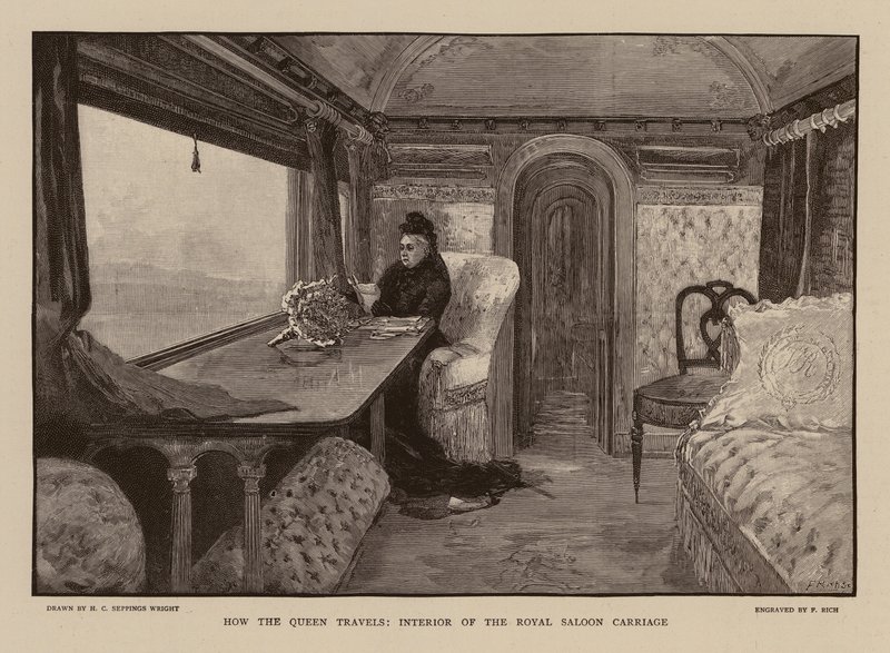 La reina Victoria en el vagón de ferrocarril Royal Saloon (grabado) de Henry Charles Seppings Wright