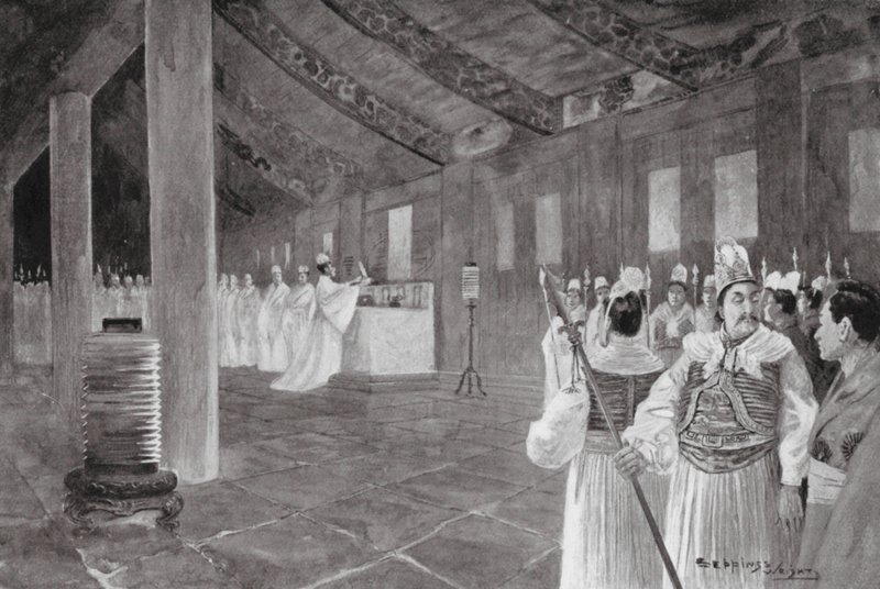 Retirada de una lápida de un templo confuciano (litografía) de Henry Charles Seppings Wright