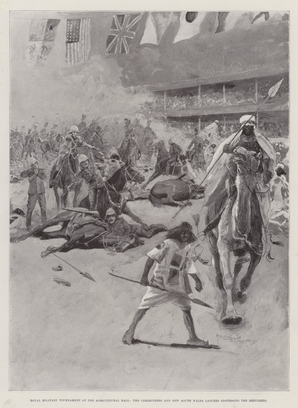 Torneo militar real en el Agricultural Hall, los Carabineros y los Lanceros de Nueva Gales del Sur dispersando a los Derviches de Henry Charles Seppings Wright