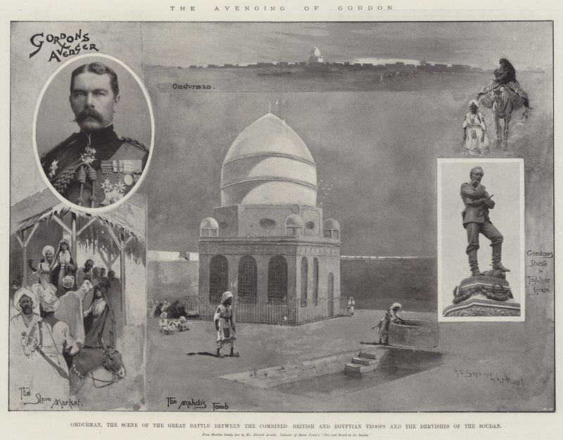 La venganza de Gordon, Omdurman, la escena de la gran batalla entre las tropas británicas y egipcias combinadas y los derviches del Sudán de Henry Charles Seppings Wright