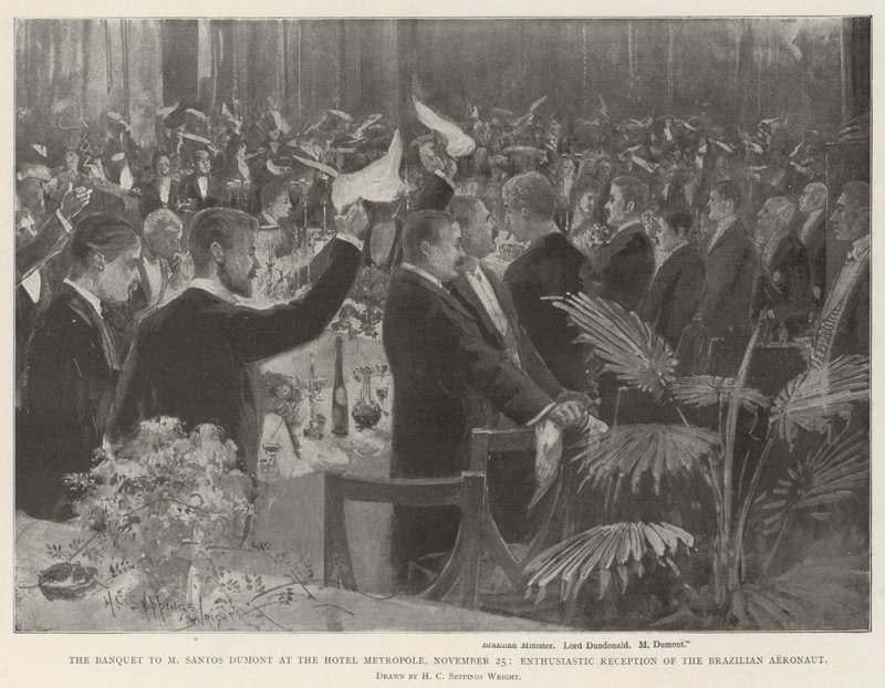 El banquete a M Santos Dumont en el Hotel Metropole, 25 de noviembre, recepción entusiasta del aeronauta brasileño de Henry Charles Seppings Wright